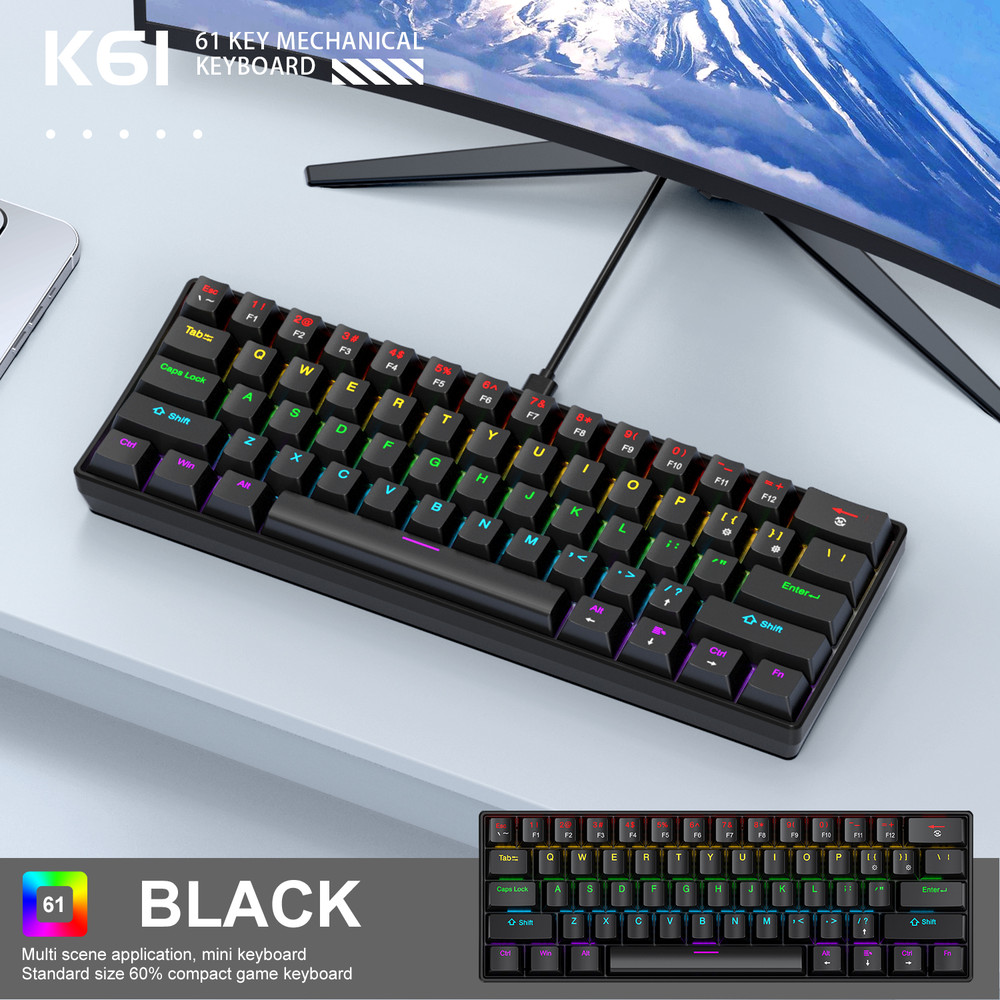 Mini Keyboard Wired, Portable Wired Mini Mechanical Keyboard, 61 Keys, Phantom RGB, Black, White, Red, Red/Blue Switch