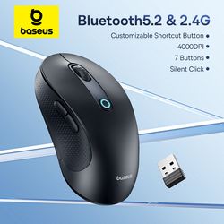 wireless mouse baseus f02 bluetooth 5.2, 2.4g, 4000dpi, ergonomic 7 mute buttons, mice for macbook, ipad, tablet, laptop
