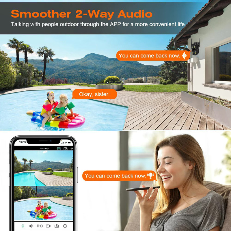 Dual Lens AI Human Detection 8MP 4K PTZ WiFi Camera, Wireless Outdoor IP