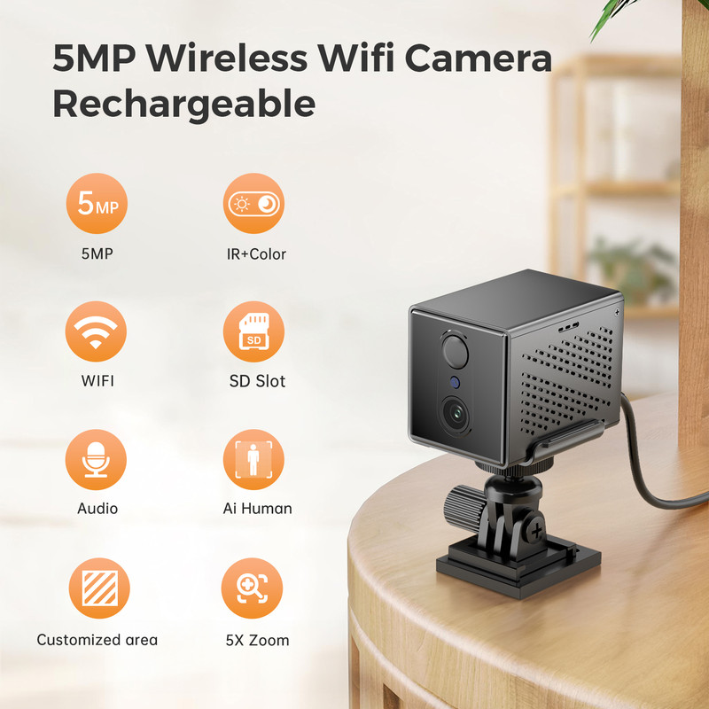 Indoor Human Detection Mini Wifi IP Camera, 2400mAh Rechargeable Battery, 5X Zoom Surveillance IP PTZ Camera