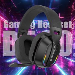 bluetooth 5.4 wireless stereo gaming earphone b500 over ear headset, built-in mic with rgb light, low latency headset