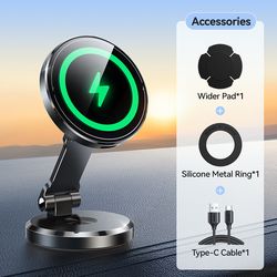 fast wireless charging magnetic phone mount, 15w rotatable panel, magnetic car phone mount holder charger