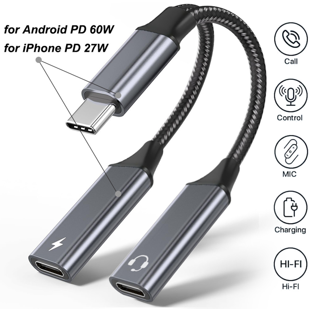PD 60W Fast Charging USB Type C to 3.5 mm Audio Aux Adapter, Headphone Cable for iPhone 15, Samsung, Xiaomi