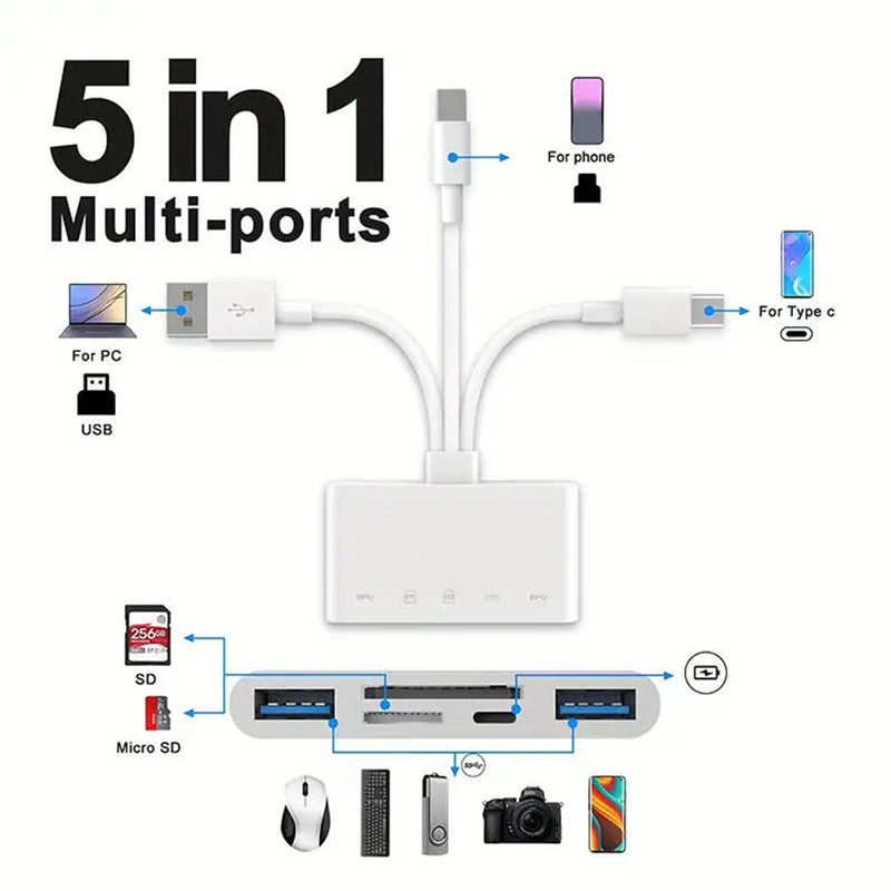 USB30 Type C Ligting OTG Camera Adapter 8 In 1 Universal Card Reader SD TF Slots Android IPhone IPa 1