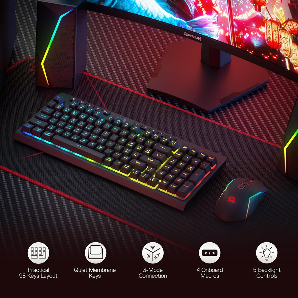 98 Keys K515 PRO Wireless RGB Membrane Keyboard & Mouse Combo, Redragon S142 Wireless Gaming