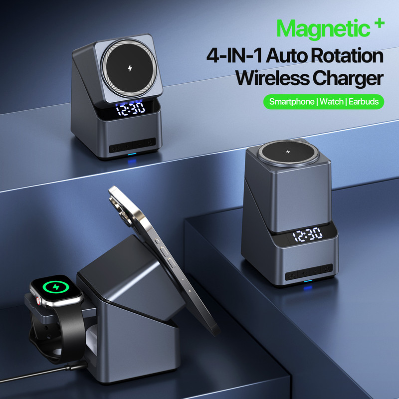 Auto Rotation Magnetic 4 in 1 Wireless Charger with Clock, iPhone, Apple Watch, AirPods