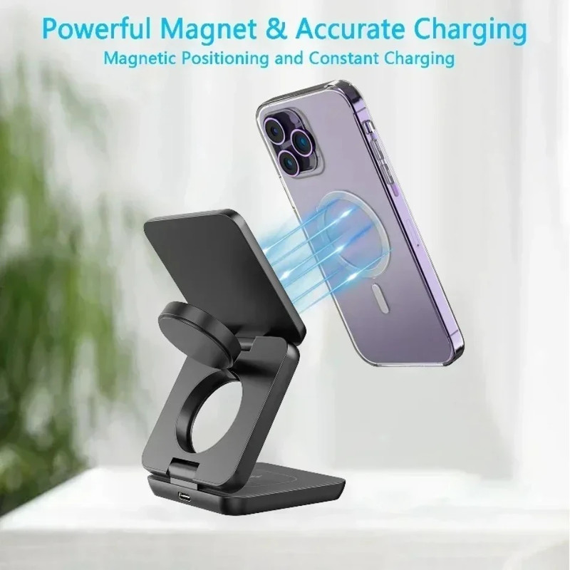 Fast Charging Station Holder 3 In 1 Foldable Magnetic Wireless Charger Stand For IPhone IWatch 10 9 4