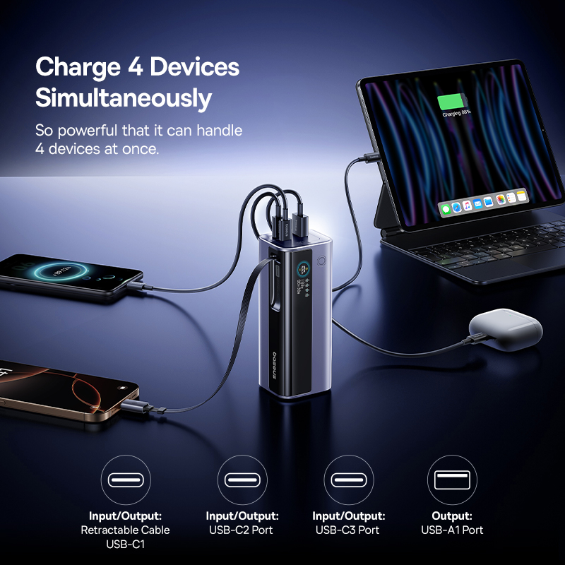 Baseus Power Bank, Fast Charge Portable External Battery Charger PowerBank, Built In Retractable Type C Cable