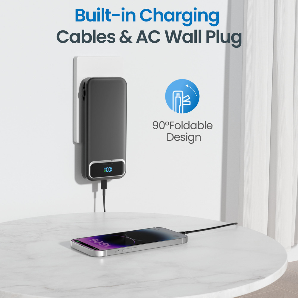 Power Bank, Built-in Cables, 20W Ultra Thin Fast Charging for iPhone, Samsung, Tablet, Travel Power Charger