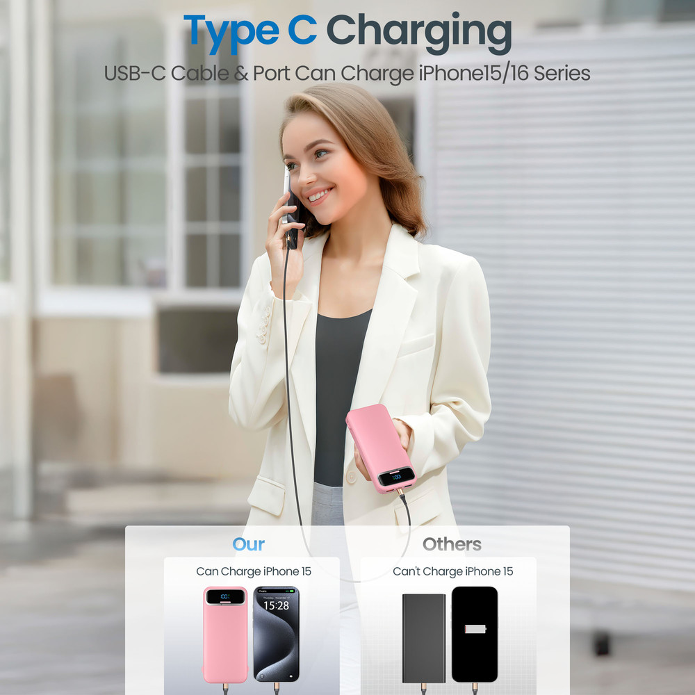 Power Bank, Built-in Cables, 20W Ultra Thin Fast Charging for iPhone, Samsung, Tablet, Travel Power Charger