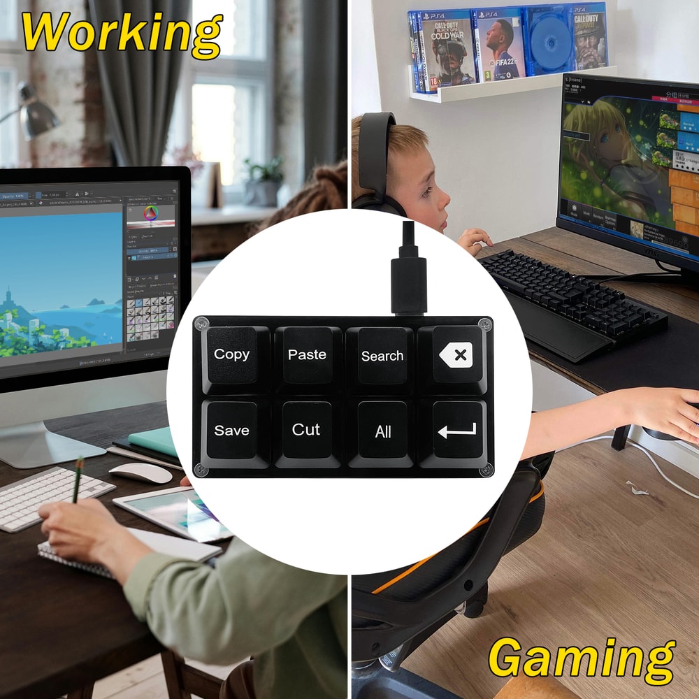 Programmable USB Keyboard, 8 Keys Shortcut Keypad, Small Mechanical Keycaps Keyboard, One Handed Work Hotkey Pad