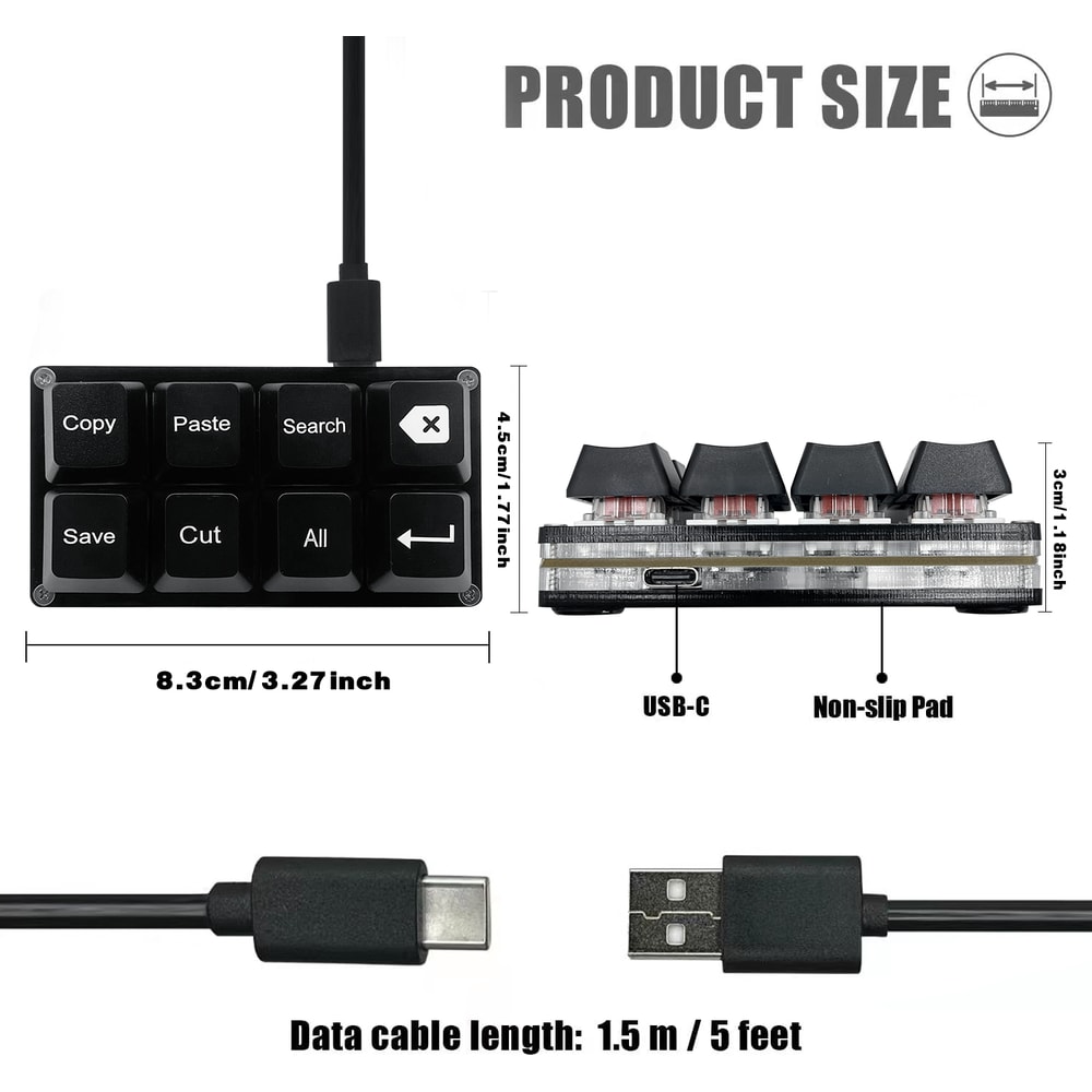 Programmable USB Keyboard, 8 Keys Shortcut Keypad, Small Mechanical Keycaps Keyboard, One Handed Work Hotkey Pad