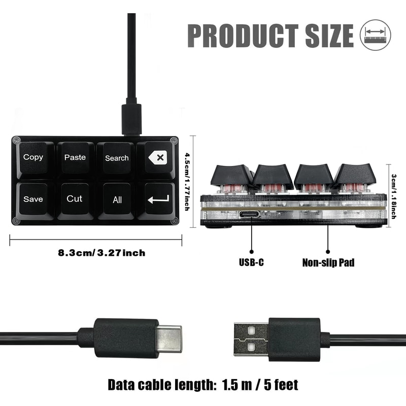 Programmable USB Keyboard, 8 Keys Shortcut Keypad, Small Mechanical Keycaps Keyboard, One Handed Work Hotkey Pad