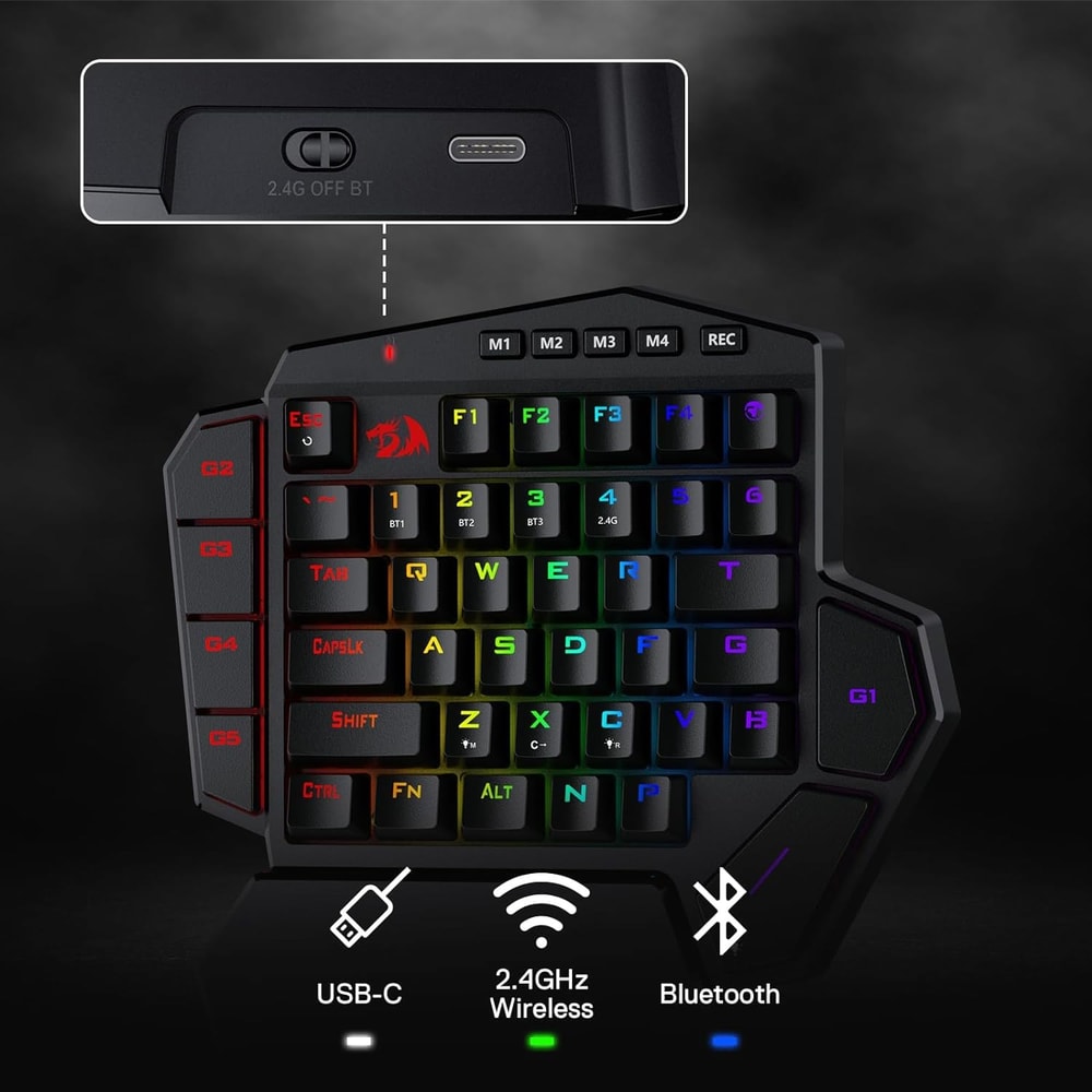 One Handed Mechanical Keyboard Redragon K585 PRO Wireless RGB 7 Onboard Macro Keys Detachable Wrist 2