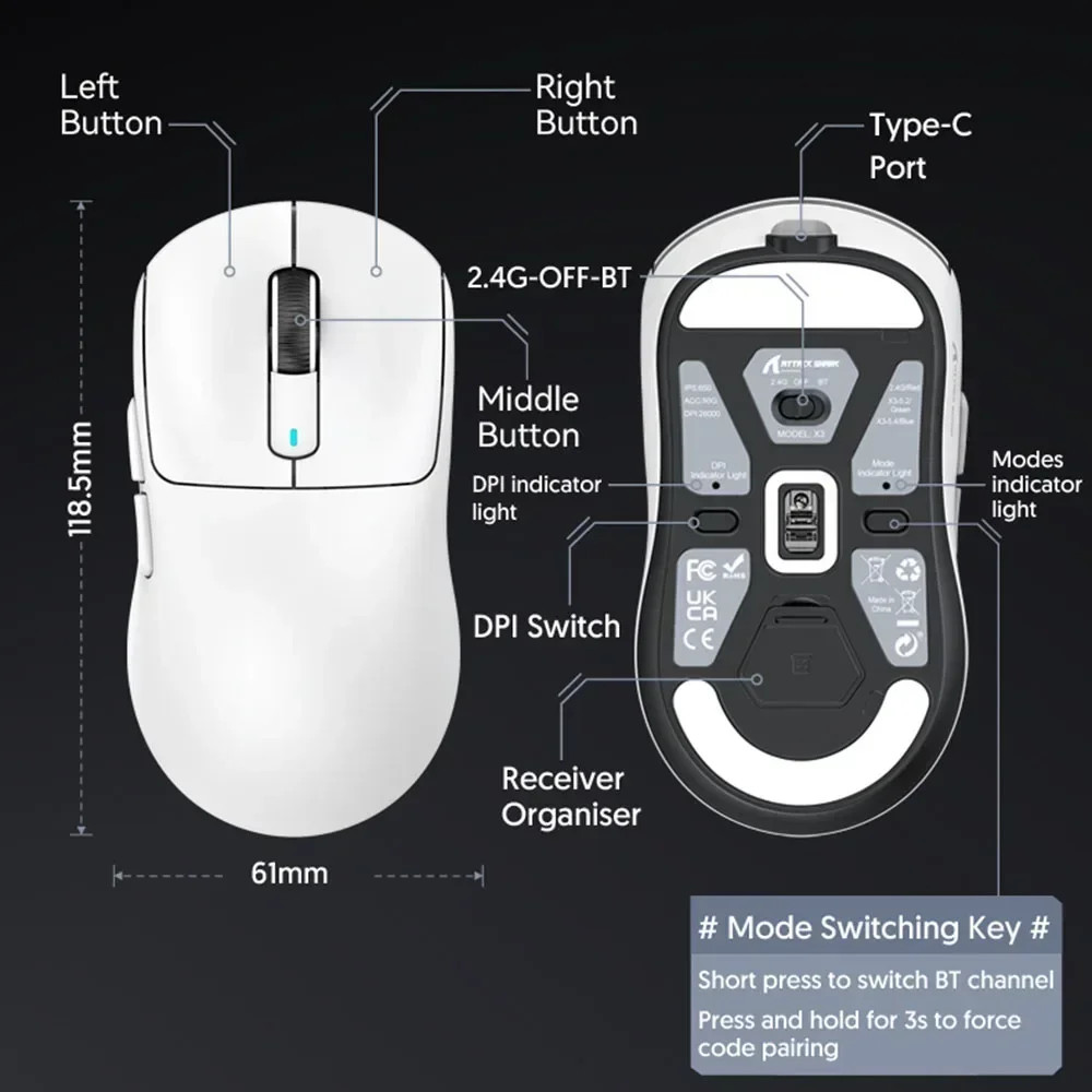 Lightweight Macro Gaming Mouse, X3 PixArt Bluetooth Mouse, 2.4G Tri Mode Connection, Adjustable DPI, 650IPS Speed