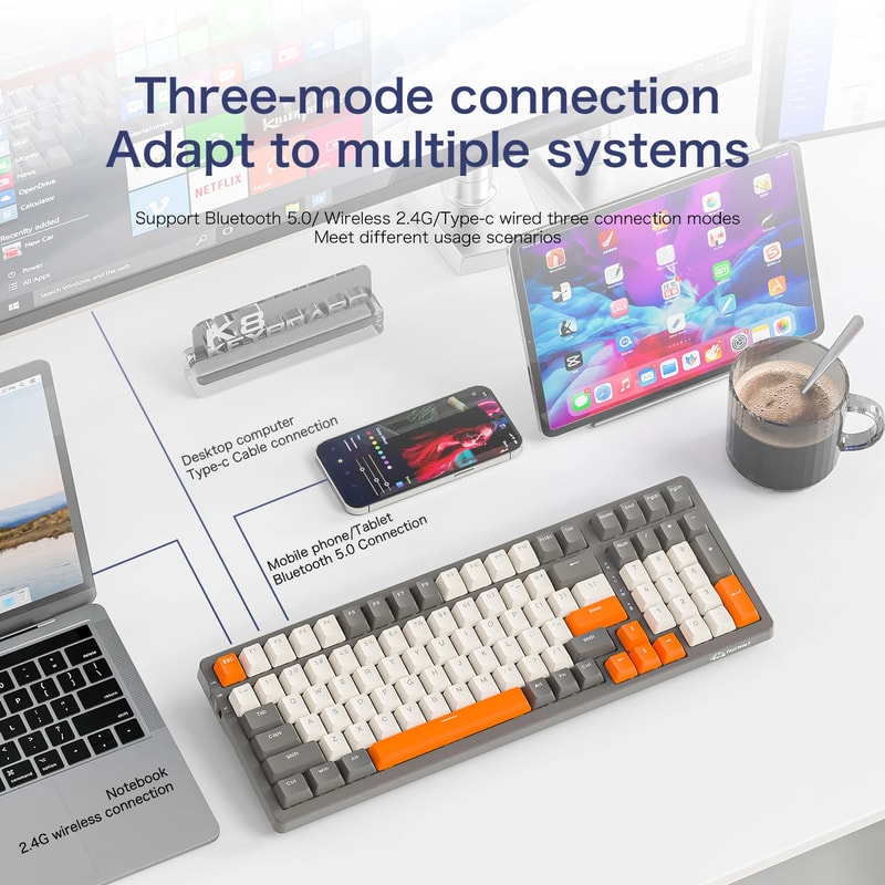 Gasket Muffler Structure Mechanical Keyboard, Tri Mode Wireless Connection, Full Key Hot Swap, 18 Lighting Effects