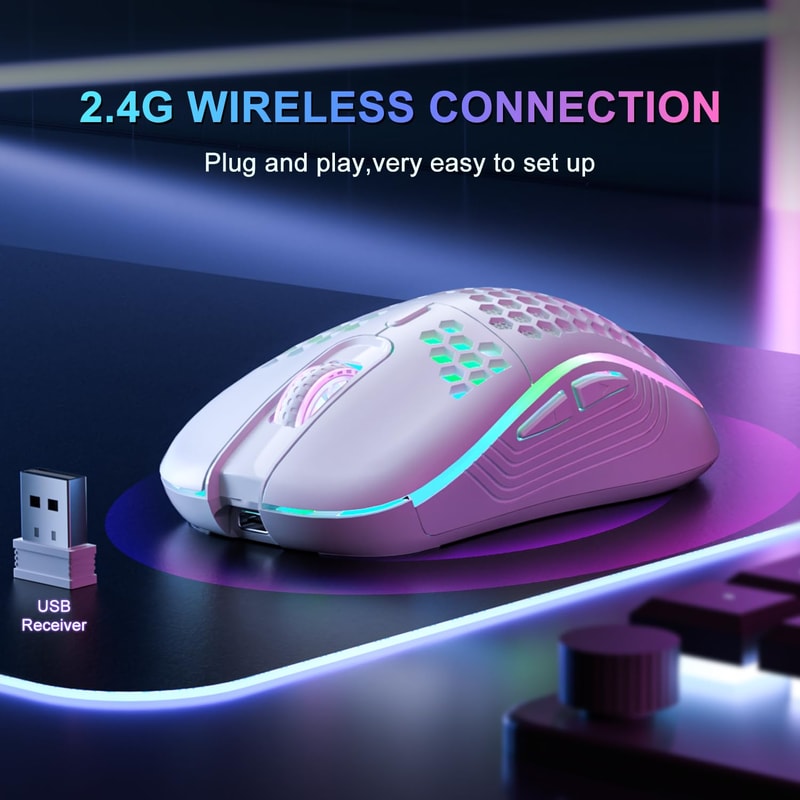 Gaming Mouse, Wireless RGB Backlit Mouse, Ergonomic 6 Button, Type C Rechargeable in Honeycomb Design