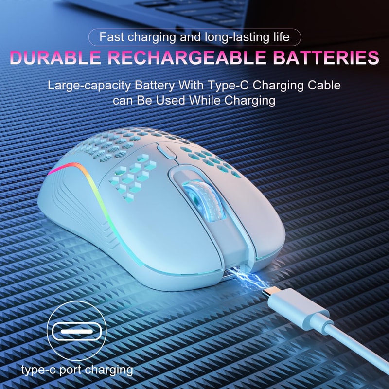 Gaming Mouse, Wireless RGB Backlit Mouse, Ergonomic 6 Button, Type C Rechargeable in Honeycomb Design