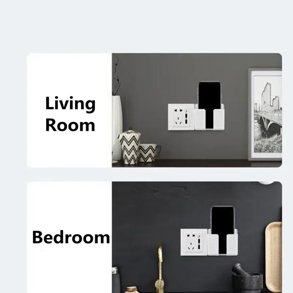 White Wall Phone Holder, Punch Free Mobile Charging Stand, Lazy Sticky Remote Storage Box, Wall Mount Organizer