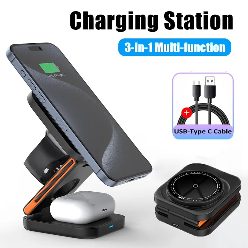 Fast Magnetic Wireless Charger Stand Foldable Charging Station 3 In 1 Wireless IPhone Charger Trave 1
