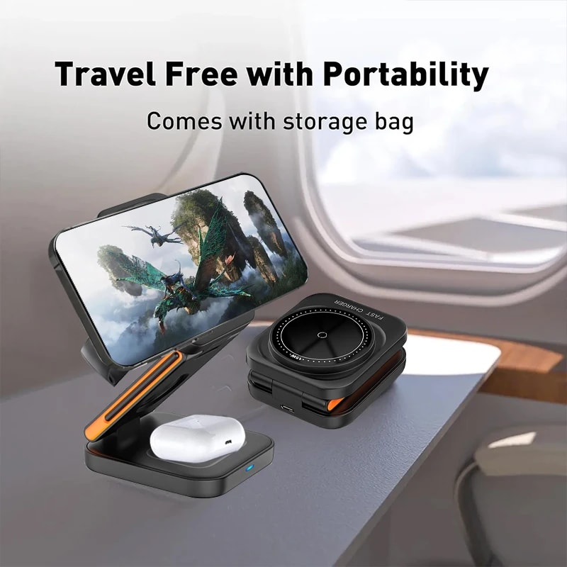 Fast Magnetic Wireless Charger Stand Foldable Charging Station 3 In 1 Wireless IPhone Charger Trave 4