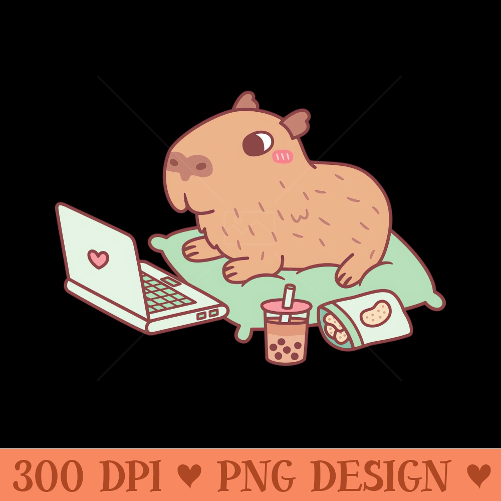 Cute Chilling Capybara With Laptop And Snacks - PNG Graphics - Professional Design