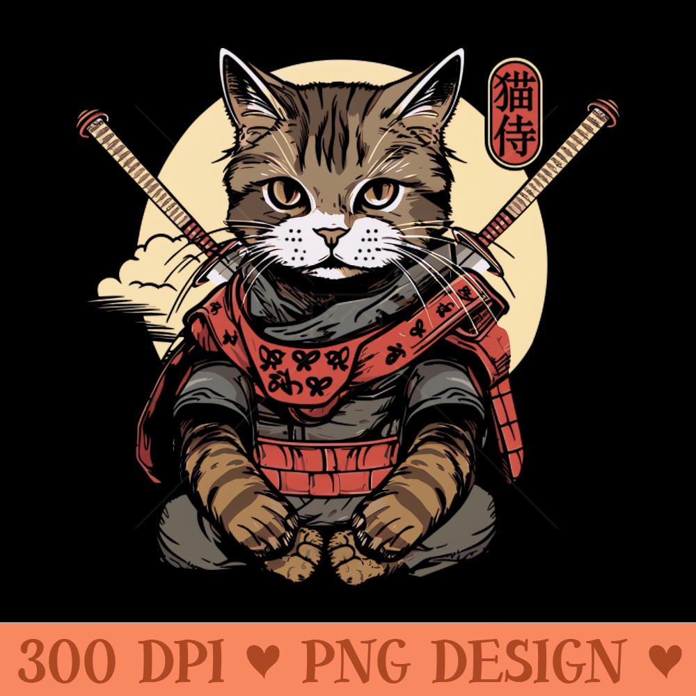 Samurai Cat Tattoo, Kawaii Ninja Cat - Digital PNG Graphics - Unique