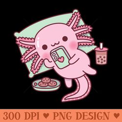 cute axolotl chilling with handphone boba tea and cookies - png download collection