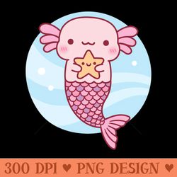 cute axolotl mermaid holding starfish - png download website