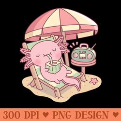 cute axolotl chilling at the beach - png illustrations
