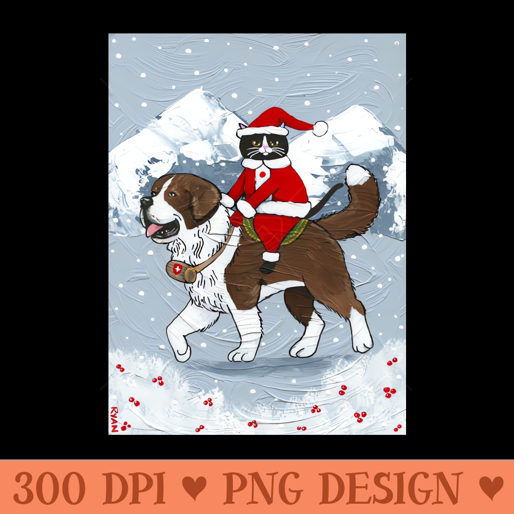 Christmas Cat Saint Bernard Ride - Digital PNG Download - Professional Design