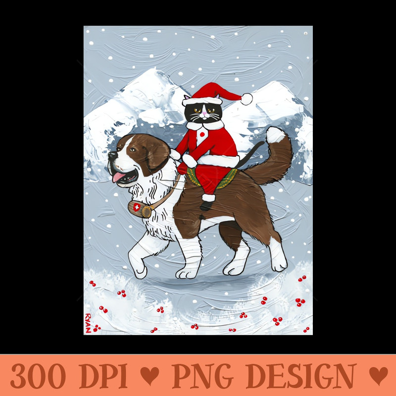 Christmas Cat Saint Bernard Ride - Digital PNG Download - Professional Design
