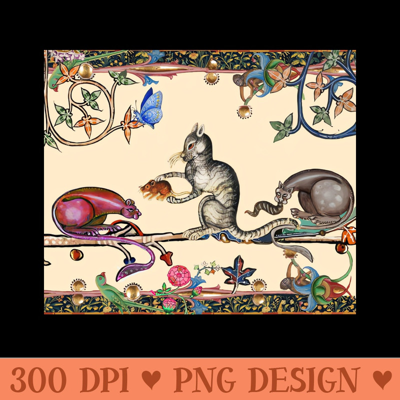 WEIRD MEDIEVAL BESTIARY THREE HUNTER CATS AND MOUSE - Free PNG Downloads - Professional Design