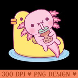 cute axolotl chilling on duck pool float drinking bubble tea - digital png art
