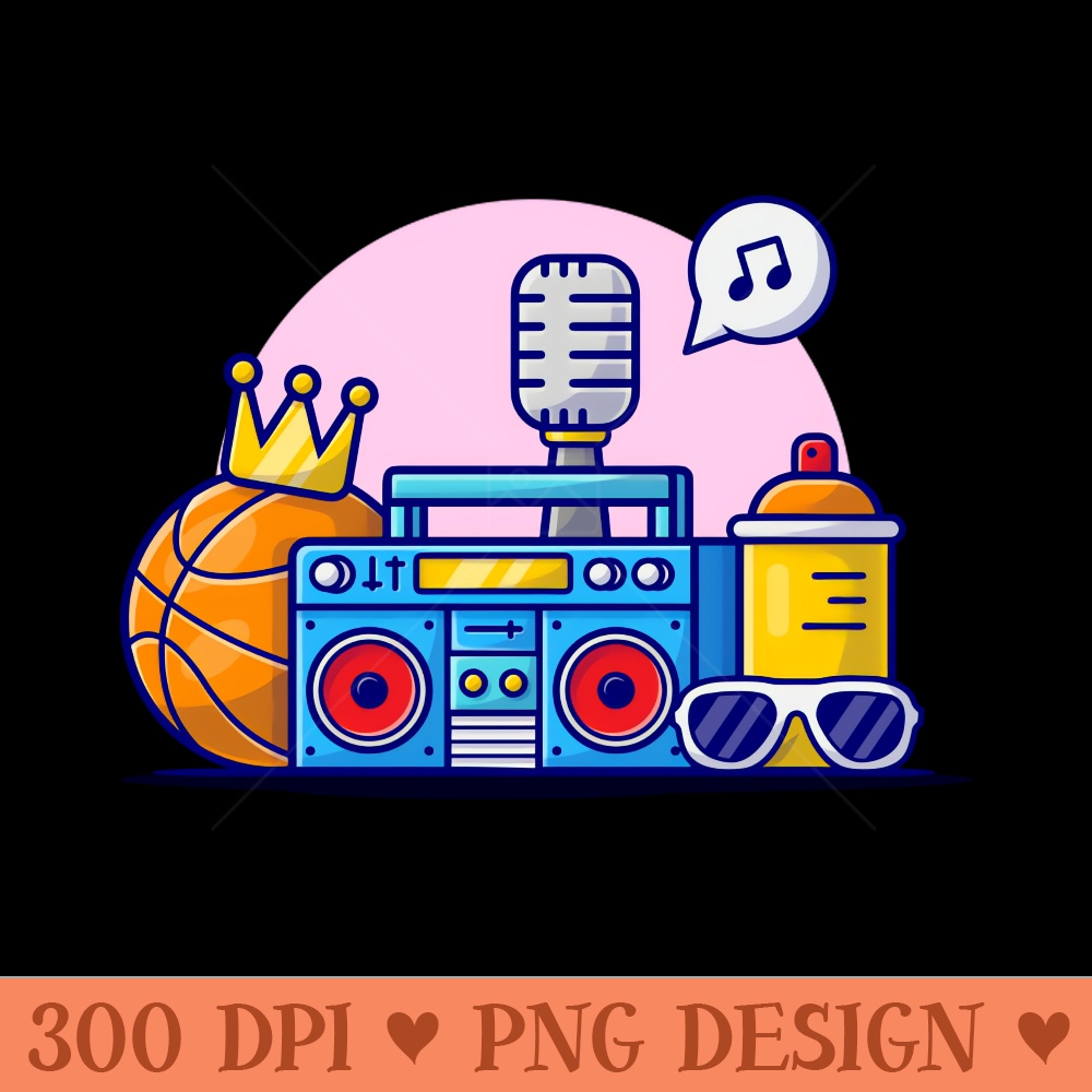 Hip Hop Music with Basketball, Boombox, Glasses, Crown and Microphone Cartoon Vector Icon Illustration - Instant PNG Download - Convenience