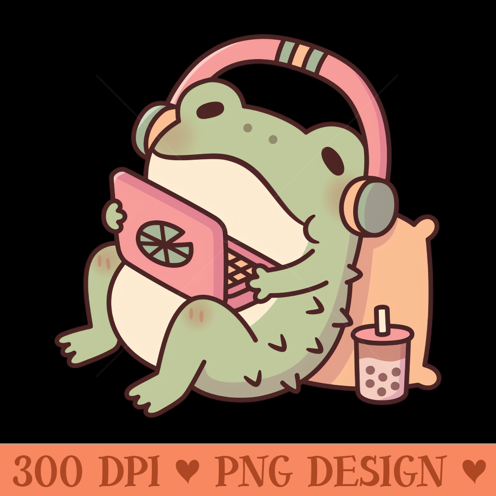 Cute Toad Chilling With Laptop and Boba Tea - PNG Download Collection - Customer Support