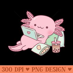 cute axolotl chilling with laptop and snacks - png clipart