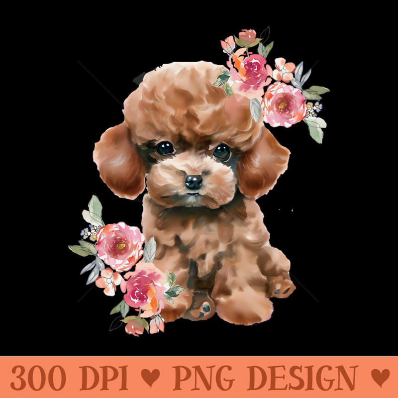Cute Miniature Toy Poodle With Flowers Watercolor Art - Sublimation PNG - Convenience