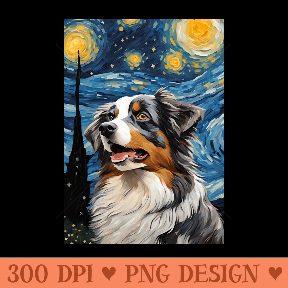 Adorable Australian Shepherd Dog Breed Painting in a Van Gogh Starry Night Art Style - Download PNG Graphics - Customer Support