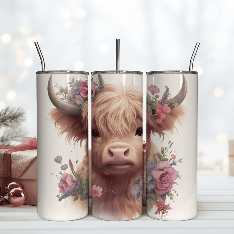 Pink Rose Highland Cow 20oz Skinny Tumbler Png.png