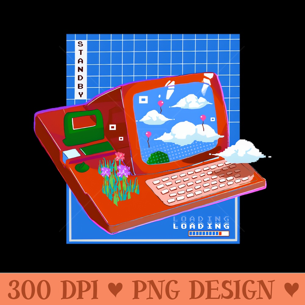 Pixel vintage Computer with clouds and balloons - - Popularity