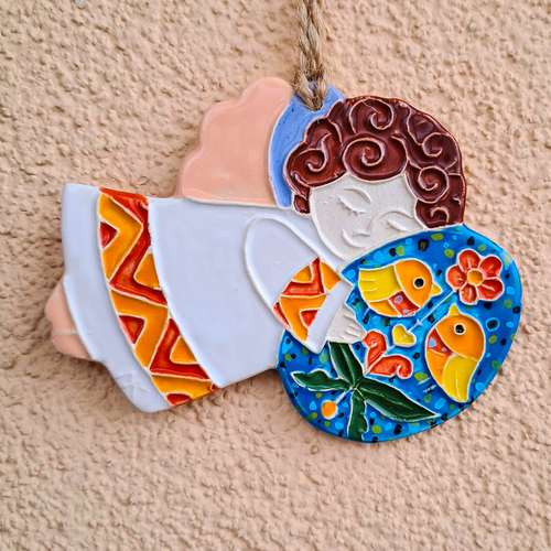 Ceramic Angel with egg wall decor,christmas tree Angel ornaments,handmade Angel Home Decor,angel with egg christmas deco