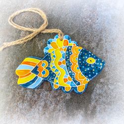 ceramic fish wall decor,yellow blue fish ornament,ceramic fish wall art,fish bathroom decor,clay fish wall hanging,fish