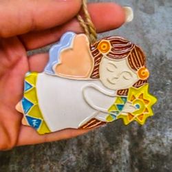 christmas tree angel ornaments,ceramic angel with star wall decoration,angel home decor,angel with star christmas gift