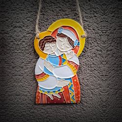 handmade ceramic plaque virgin mary with jesus,holy mother of god ceramic wall hanging,virgin mary christmas decor