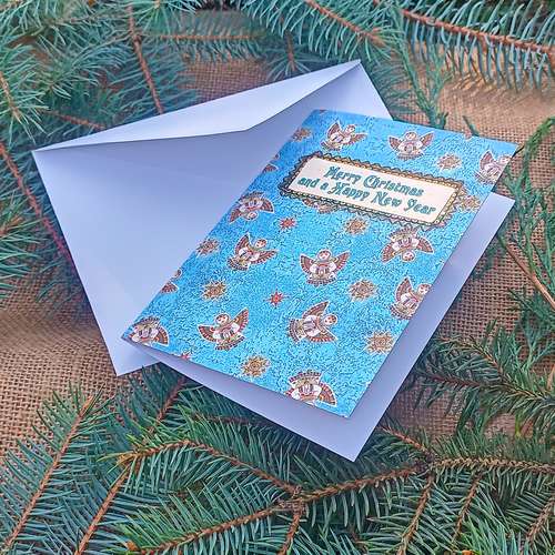 Merry Christmas and a Happy New Year card, Christmas Greeting Card, blue Christmas Angel card, blue Xmas Gift Card, card