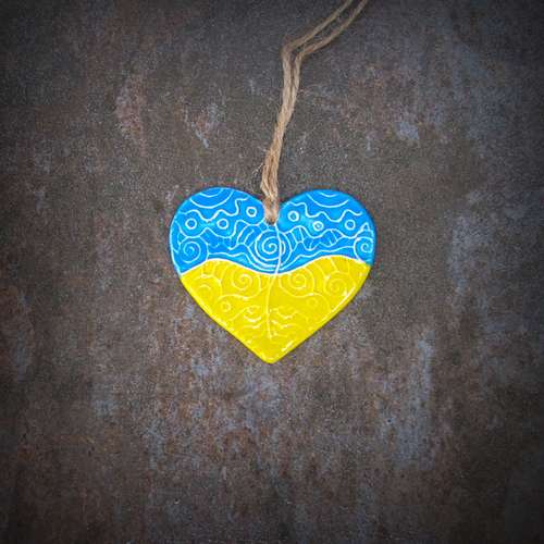 Ceramic heart shaped necklace pendant,ceramic yellow blue heart necklace,handmade ceramic heart jewelry,valentines day