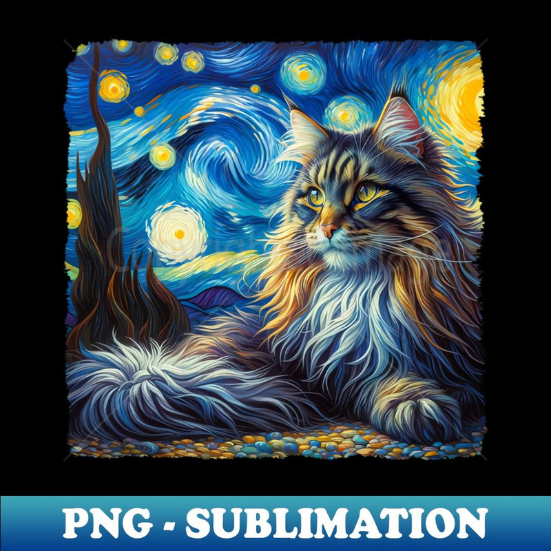 Norwegian Forest Starry Night Inspired - Artistic Cat - Instant PNG Sublimation Download