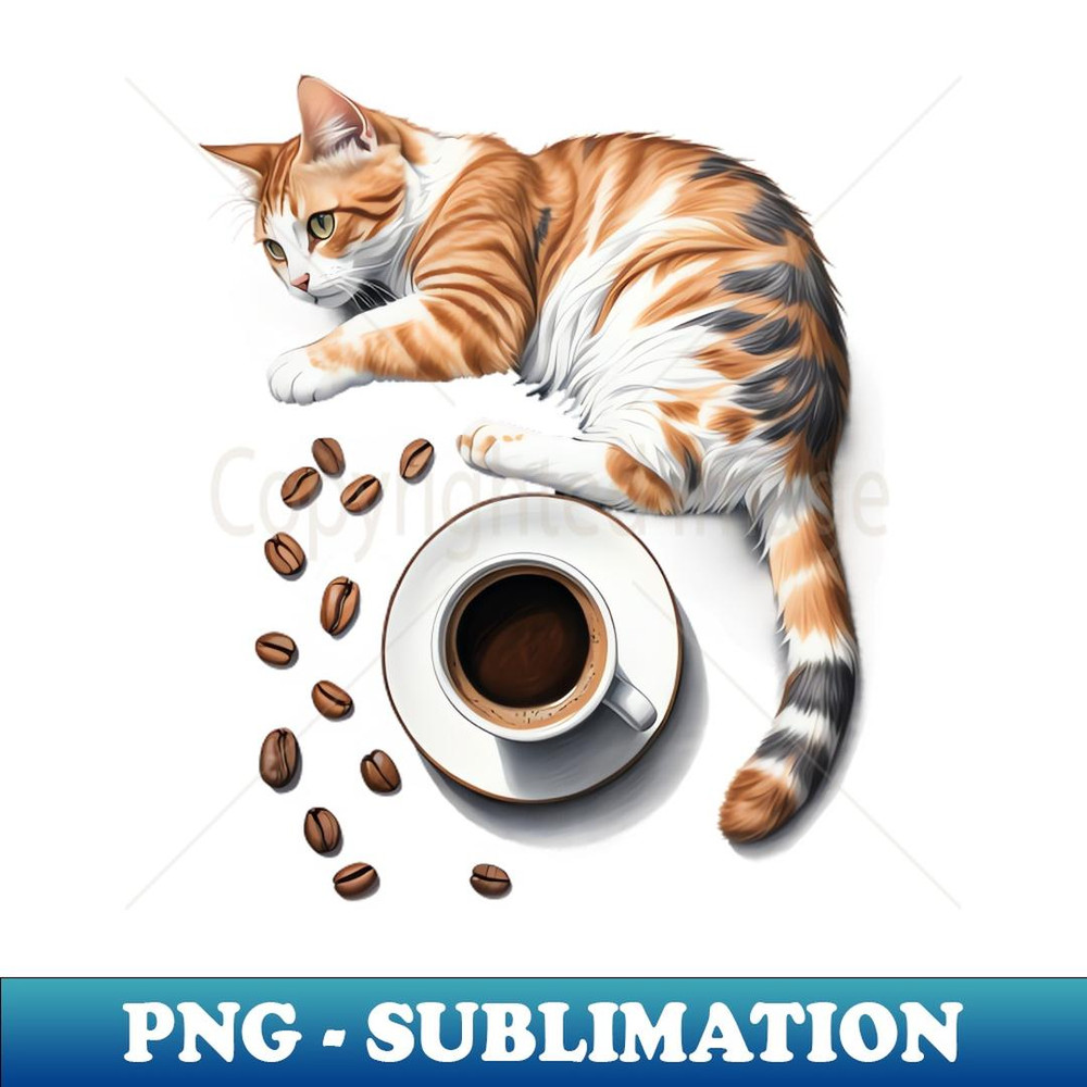 Cute Cat and Espresso Coffee Beans and Cup Design - PNG Transparent Sublimation Design