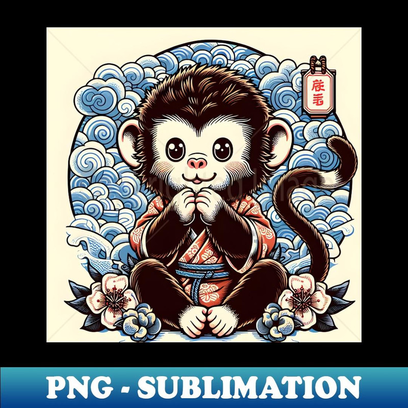 Cute Kawaii monkey king wearing a kimono with flower classic design - PNG Transparent Sublimation Design